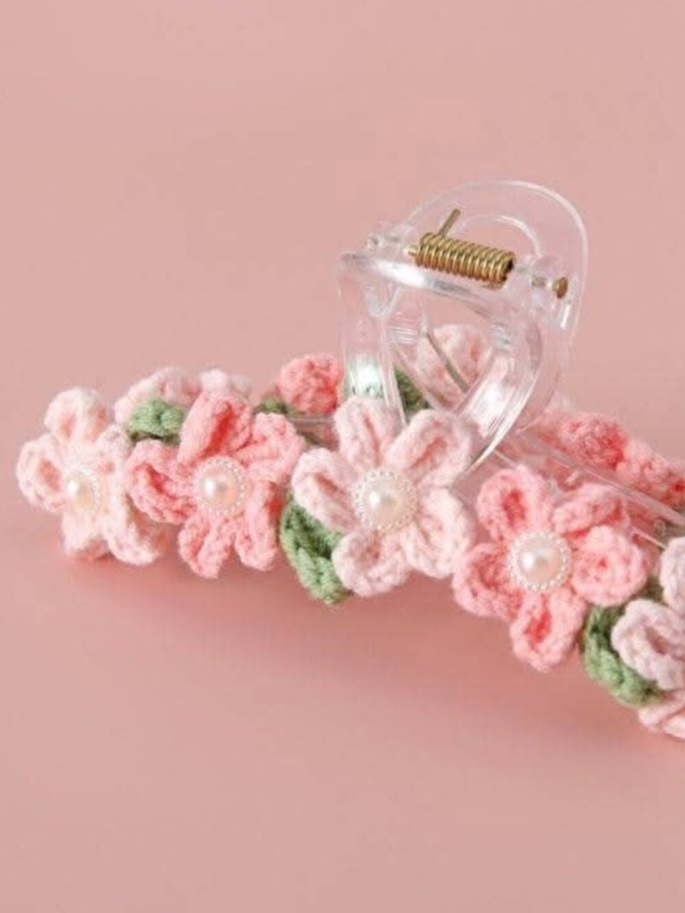 Pink Crochet Flower Hair Claw Clip - Handmade Floral Hair Accessory with Pearls - Picture 1 of 1